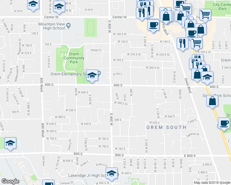 map of restaurants, bars, coffee shops, grocery stores, and more near 400 360 West in Orem