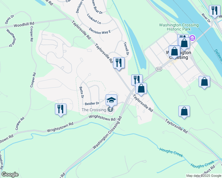 map of restaurants, bars, coffee shops, grocery stores, and more near 24 Beidler Drive in Washington Crossing