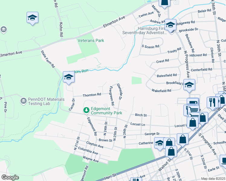 map of restaurants, bars, coffee shops, grocery stores, and more near 1722 Evergreen Road in Harrisburg