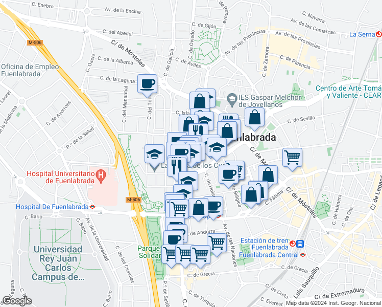map of restaurants, bars, coffee shops, grocery stores, and more near 10 Calle de Escocia in Fuenlabrada