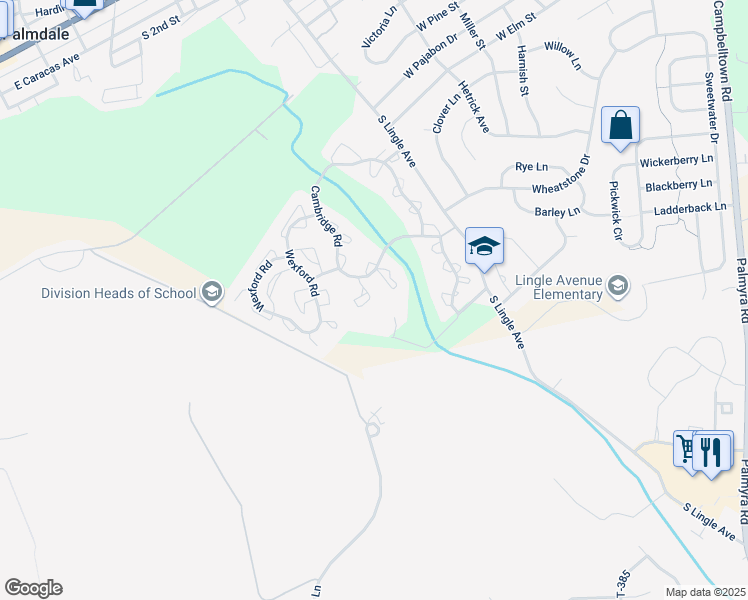 map of restaurants, bars, coffee shops, grocery stores, and more near 1321 Cambridge Court in Palmyra