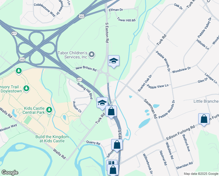 map of restaurants, bars, coffee shops, grocery stores, and more near 1943 South Easton Road in Doylestown