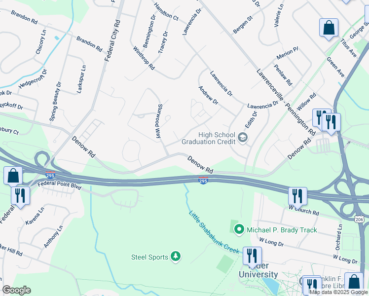 map of restaurants, bars, coffee shops, grocery stores, and more near 90 Denow Road in Lawrence Township