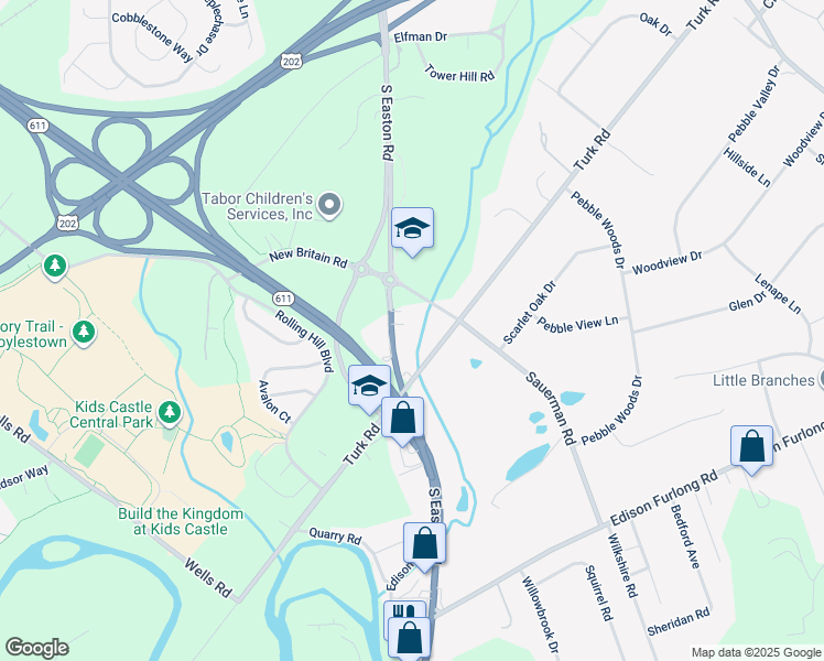 map of restaurants, bars, coffee shops, grocery stores, and more near 1943 South Easton Road in Doylestown