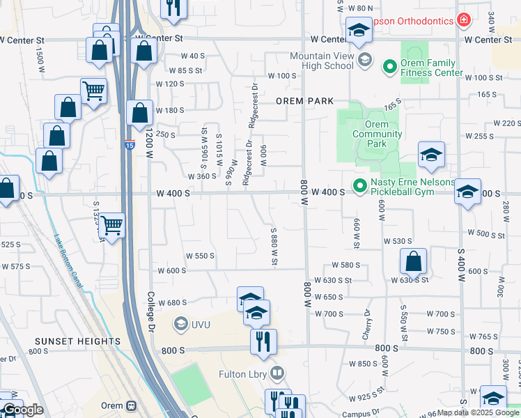 map of restaurants, bars, coffee shops, grocery stores, and more near 455 South 940 West in Orem