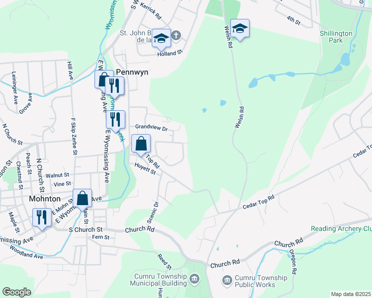 map of restaurants, bars, coffee shops, grocery stores, and more near 415 Calyn Drive in Reading