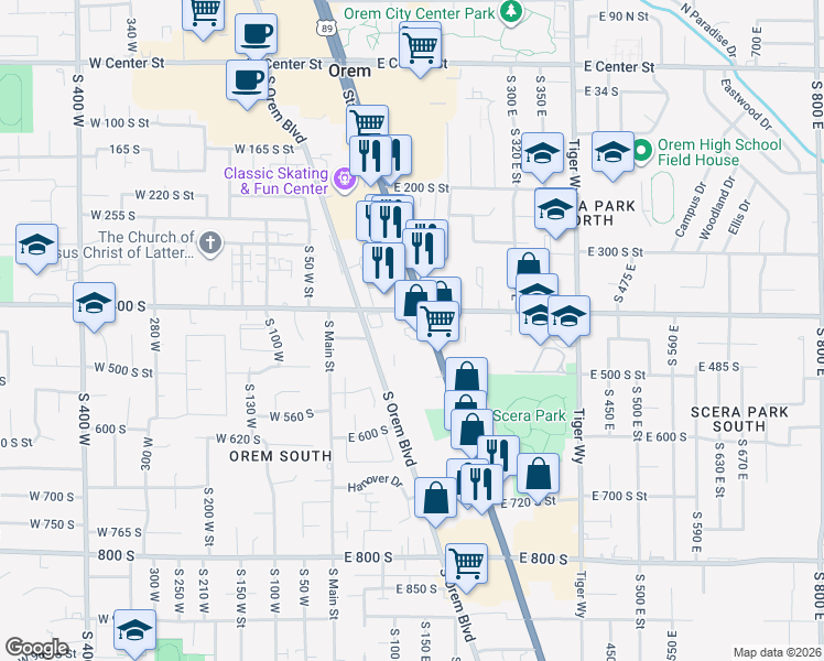 map of restaurants, bars, coffee shops, grocery stores, and more near 440 South State Street in Orem