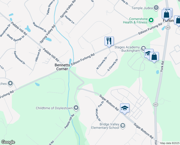 map of restaurants, bars, coffee shops, grocery stores, and more near 3064 Cloverly Drive in Furlong