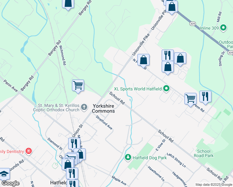 map of restaurants, bars, coffee shops, grocery stores, and more near 2415 School Road in Hatfield