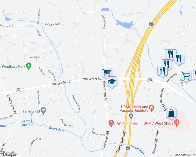 map of restaurants, bars, coffee shops, grocery stores, and more near 5049 Wertzville Road in Enola