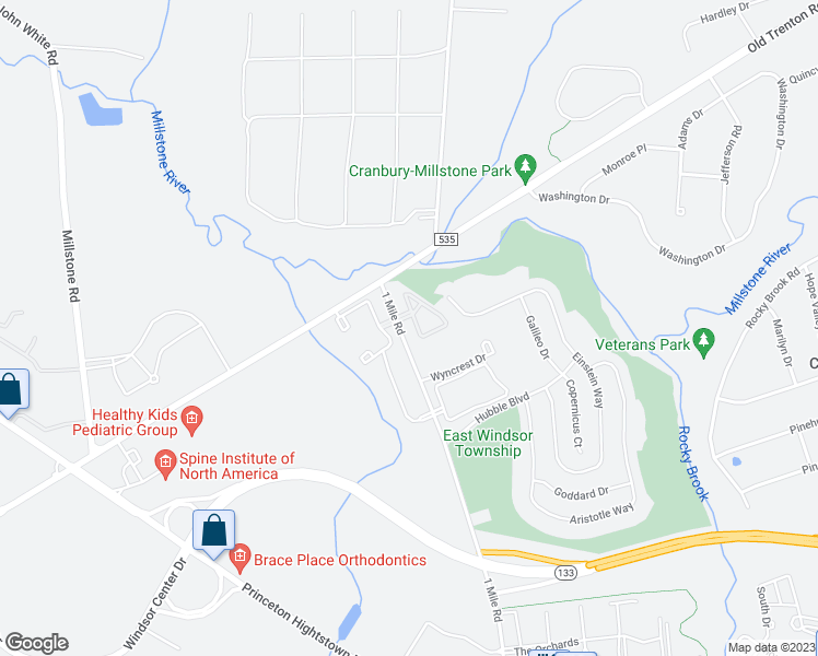 map of restaurants, bars, coffee shops, grocery stores, and more near 133 Woodmill Drive in East Windsor