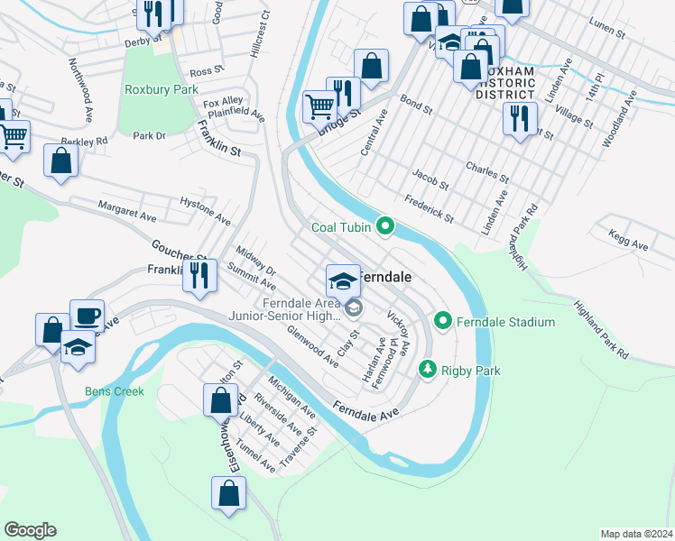 map of restaurants, bars, coffee shops, grocery stores, and more near 523 Vickroy Avenue in Johnstown