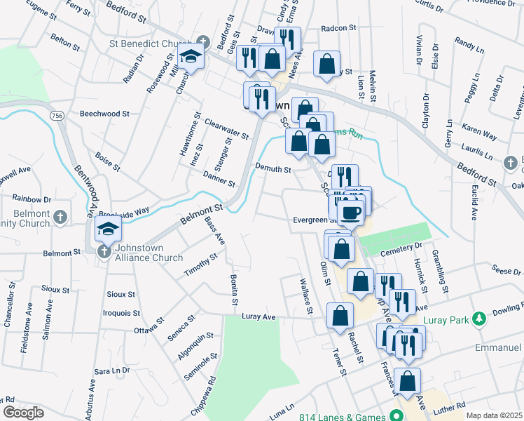 map of restaurants, bars, coffee shops, grocery stores, and more near 59 Merchant Avenue in Johnstown