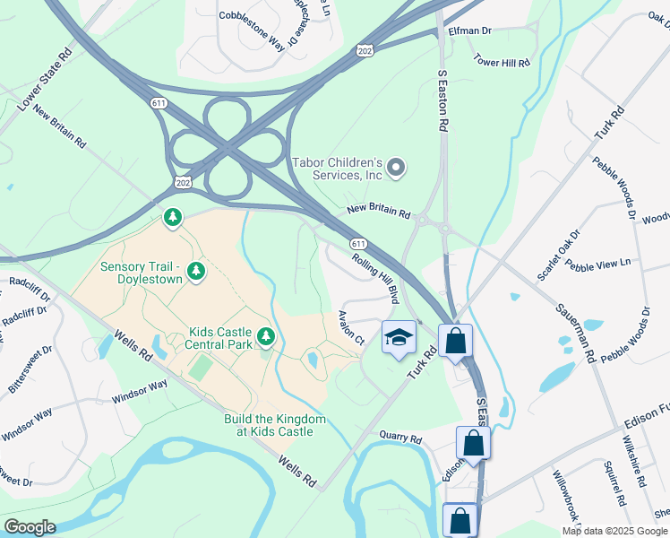 map of restaurants, bars, coffee shops, grocery stores, and more near 24 Charter Oak Court in Doylestown