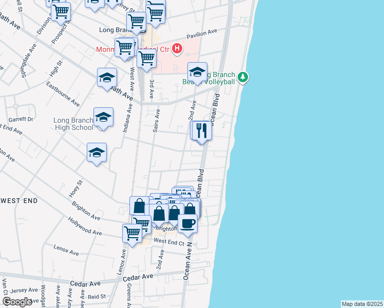 map of restaurants, bars, coffee shops, grocery stores, and more near 470 Ocean Boulevard in Long Branch