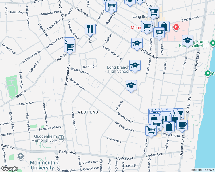 map of restaurants, bars, coffee shops, grocery stores, and more near 304 West End Avenue in Long Branch