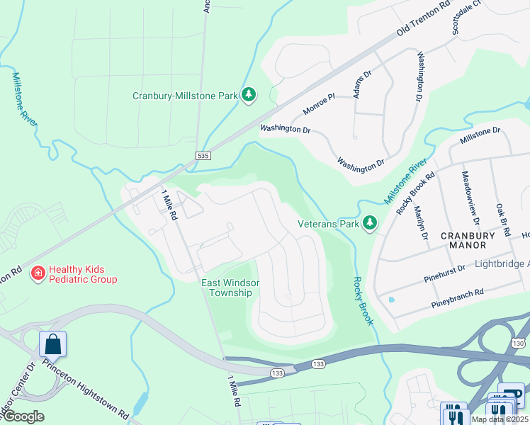 map of restaurants, bars, coffee shops, grocery stores, and more near 19 Galileo Drive in East Windsor