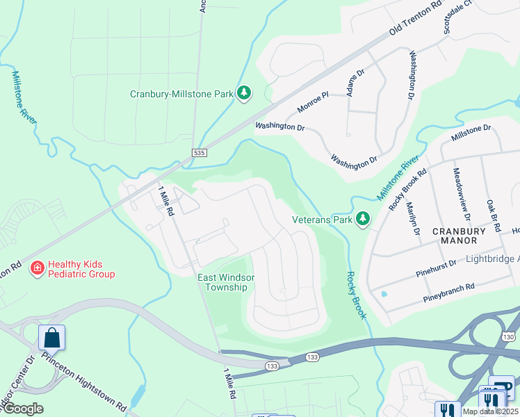 map of restaurants, bars, coffee shops, grocery stores, and more near 19 Galileo Drive in East Windsor