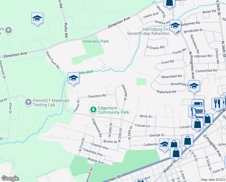 map of restaurants, bars, coffee shops, grocery stores, and more near 1722 Evergreen Road in Harrisburg