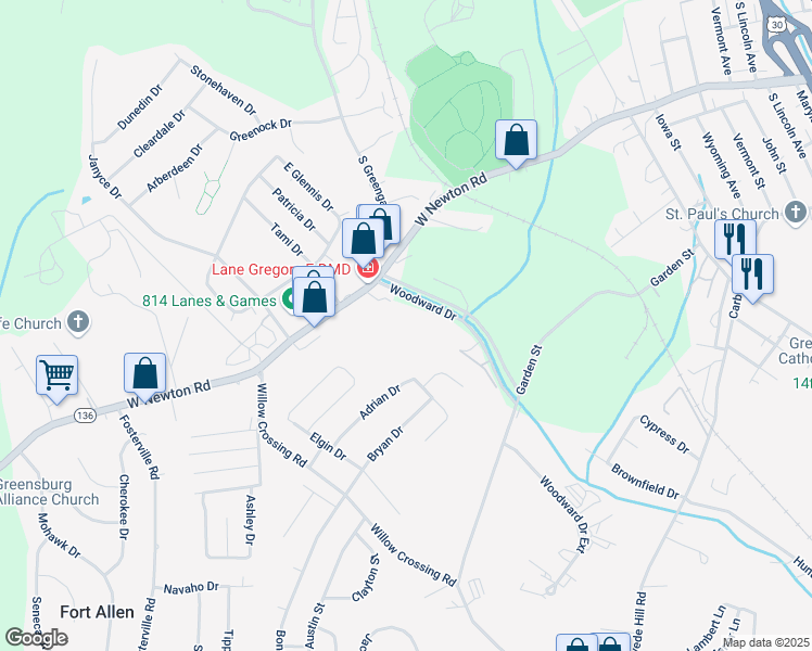 map of restaurants, bars, coffee shops, grocery stores, and more near 1118 Woodward Drive in Greensburg
