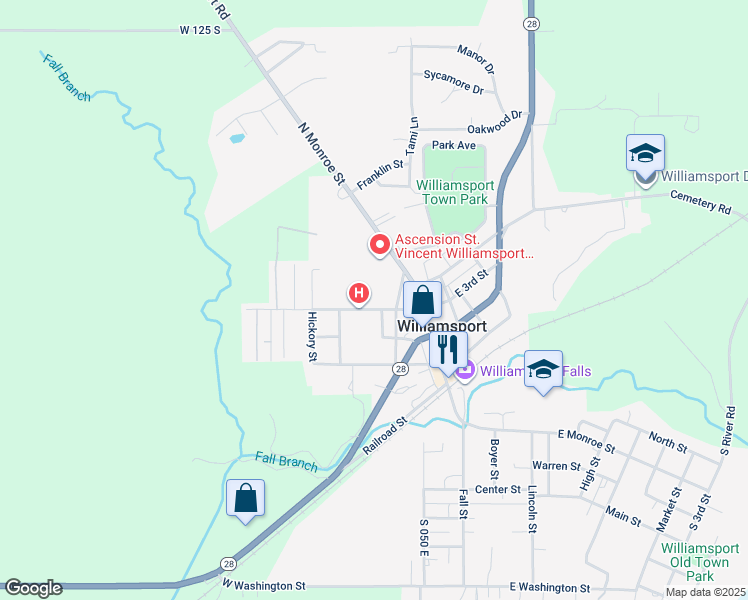 map of restaurants, bars, coffee shops, grocery stores, and more near 107-199 West 3rd Street in Williamsport