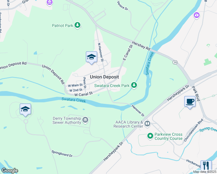 map of restaurants, bars, coffee shops, grocery stores, and more near 107 South Hanover Street in Hershey