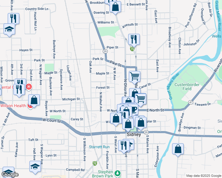 map of restaurants, bars, coffee shops, grocery stores, and more near 213 Forest Street in Sidney