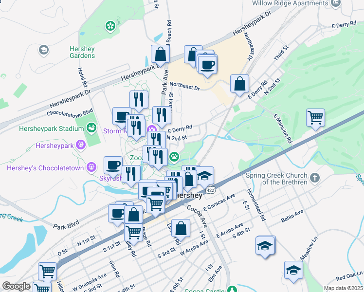 map of restaurants, bars, coffee shops, grocery stores, and more near 65 Trinidad Avenue in Hershey