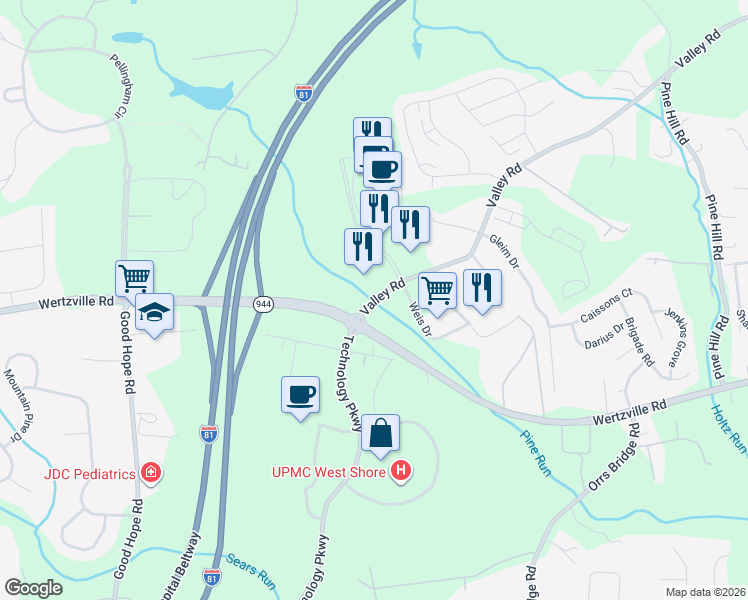 map of restaurants, bars, coffee shops, grocery stores, and more near 4535 Valley Street in Shermans Dale