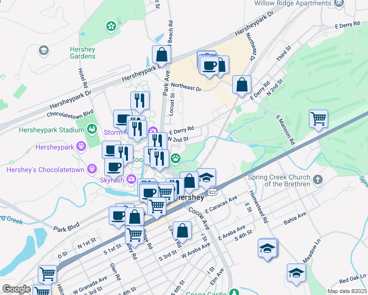 map of restaurants, bars, coffee shops, grocery stores, and more near 65 Trinidad Avenue in Hershey