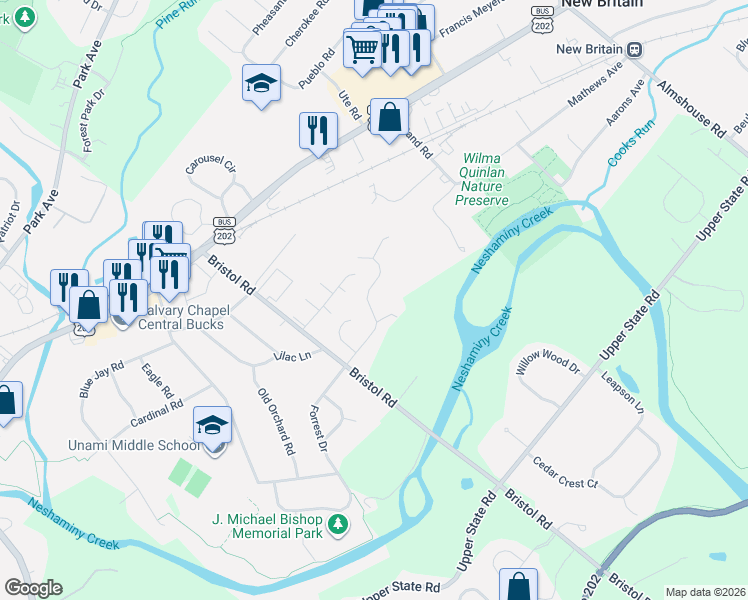 map of restaurants, bars, coffee shops, grocery stores, and more near 101 Nicholus Court in Chalfont