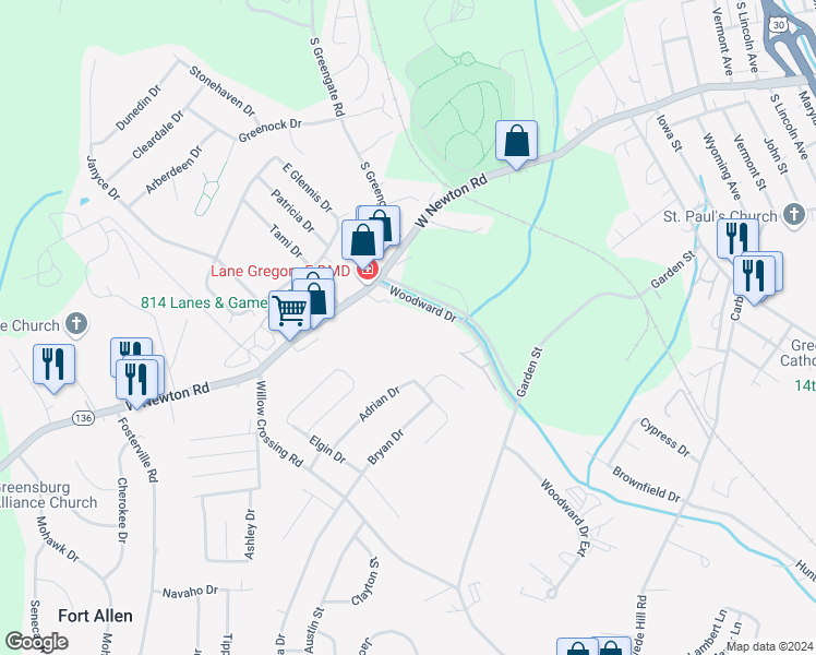 map of restaurants, bars, coffee shops, grocery stores, and more near 1118 Woodward Drive in Greensburg