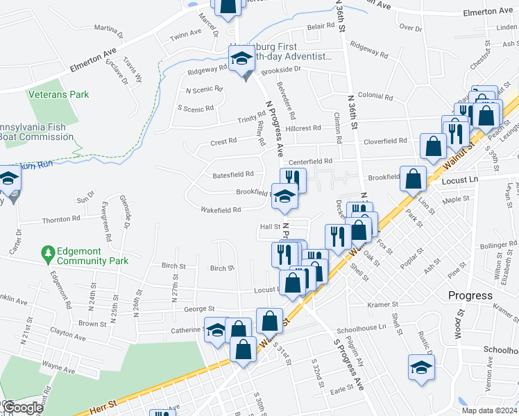 map of restaurants, bars, coffee shops, grocery stores, and more near 3287 Wakefield Road in Harrisburg