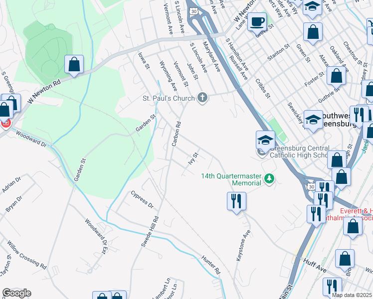 map of restaurants, bars, coffee shops, grocery stores, and more near 421 Buckeye Street in Greensburg
