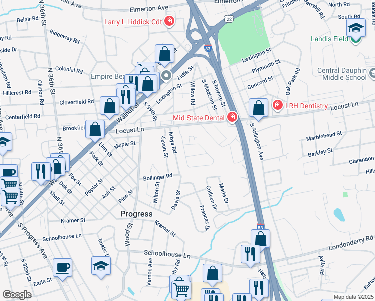 map of restaurants, bars, coffee shops, grocery stores, and more near 315 Feeser Road in Harrisburg