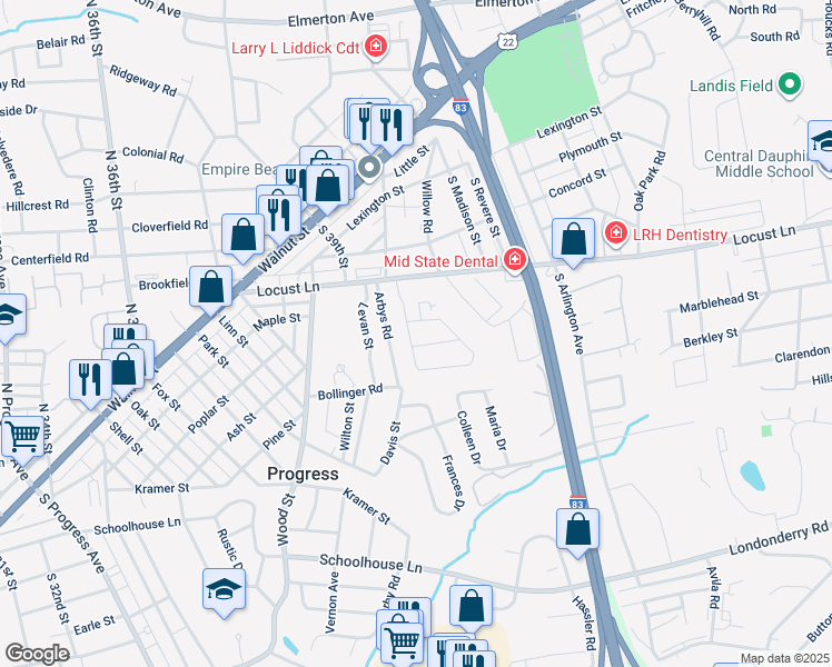 map of restaurants, bars, coffee shops, grocery stores, and more near 315 Feeser Road in Harrisburg