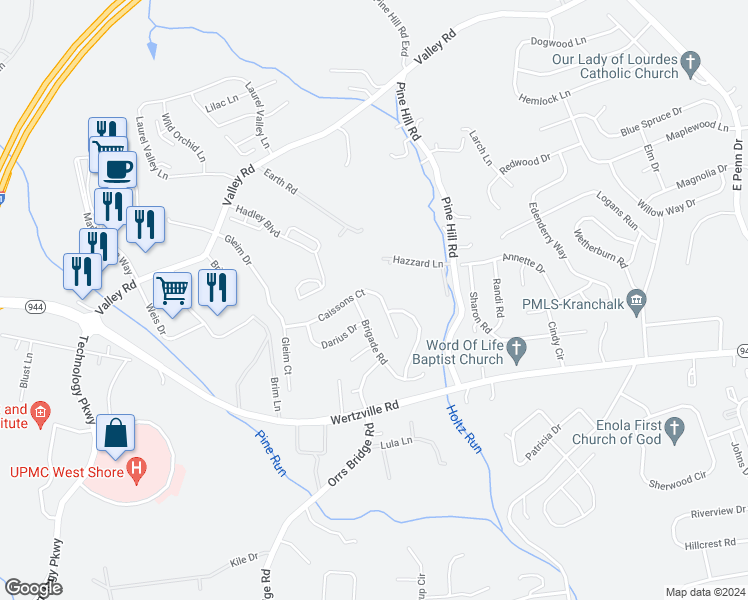 map of restaurants, bars, coffee shops, grocery stores, and more near 4043 Caissons Court in Enola