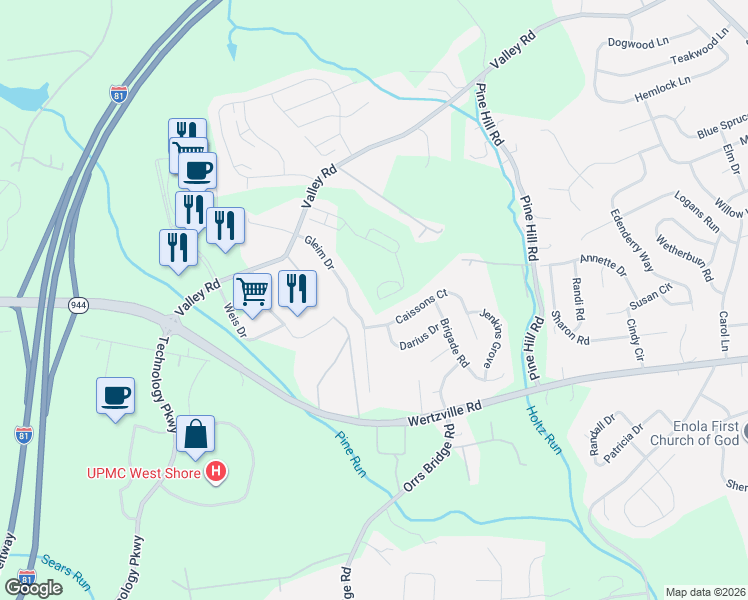 map of restaurants, bars, coffee shops, grocery stores, and more near 4110 Caissons Court in Enola