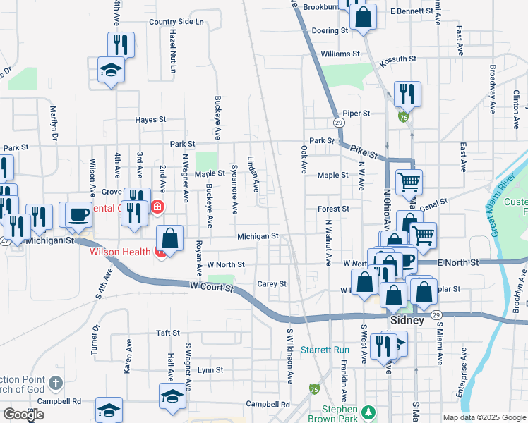 map of restaurants, bars, coffee shops, grocery stores, and more near 516 Michigan Street in Sidney