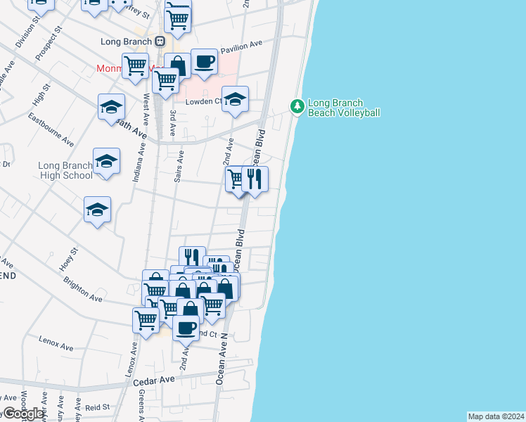 map of restaurants, bars, coffee shops, grocery stores, and more near 18 Matilda Terrace in Long Branch