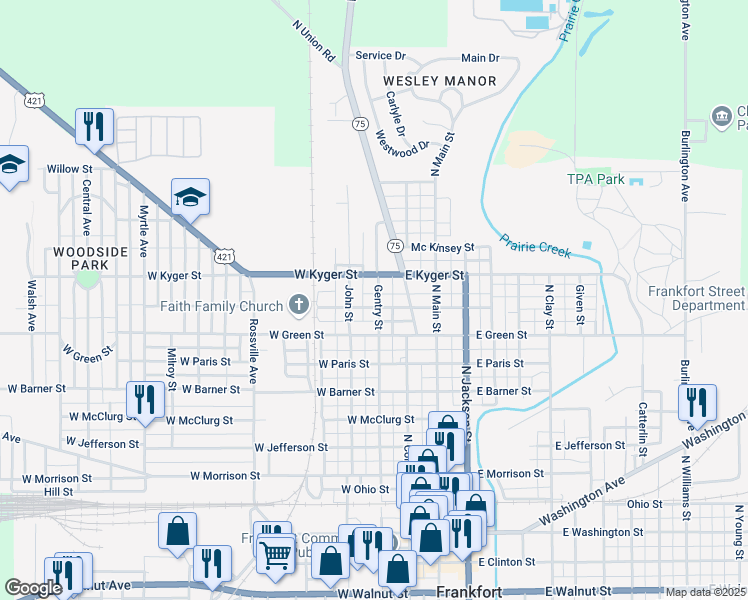 map of restaurants, bars, coffee shops, grocery stores, and more near 951 John Street in Frankfort