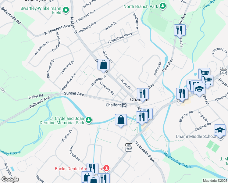 map of restaurants, bars, coffee shops, grocery stores, and more near 219 Coventry Road in Chalfont