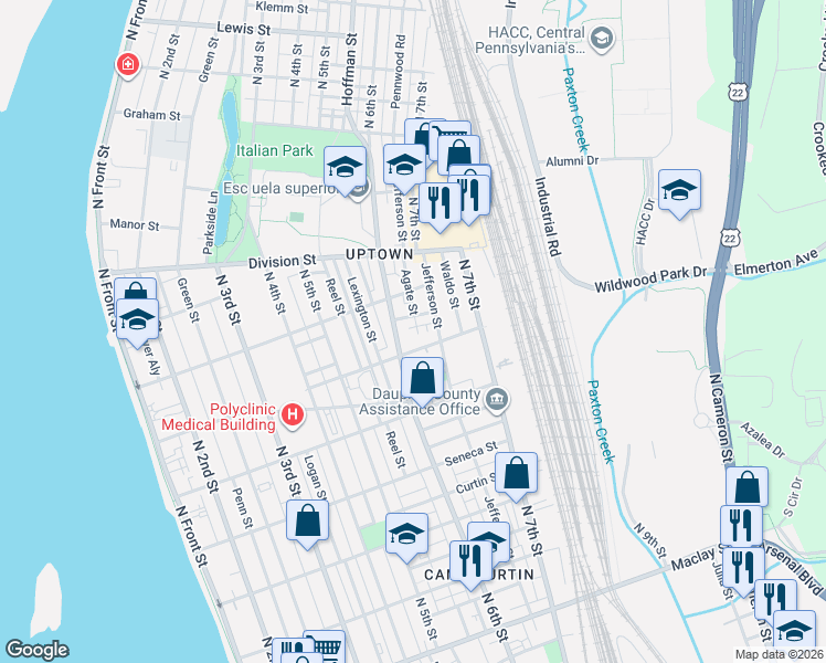 map of restaurants, bars, coffee shops, grocery stores, and more near 2661 North 6th Street in Harrisburg