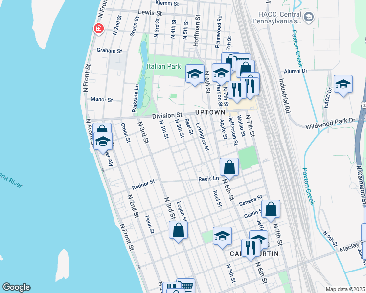 map of restaurants, bars, coffee shops, grocery stores, and more near 2648 North 5th Street in Harrisburg