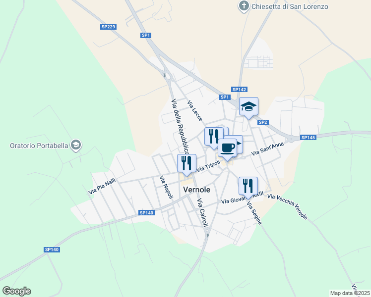 map of restaurants, bars, coffee shops, grocery stores, and more near 30 Via della Repubblica in Vernole