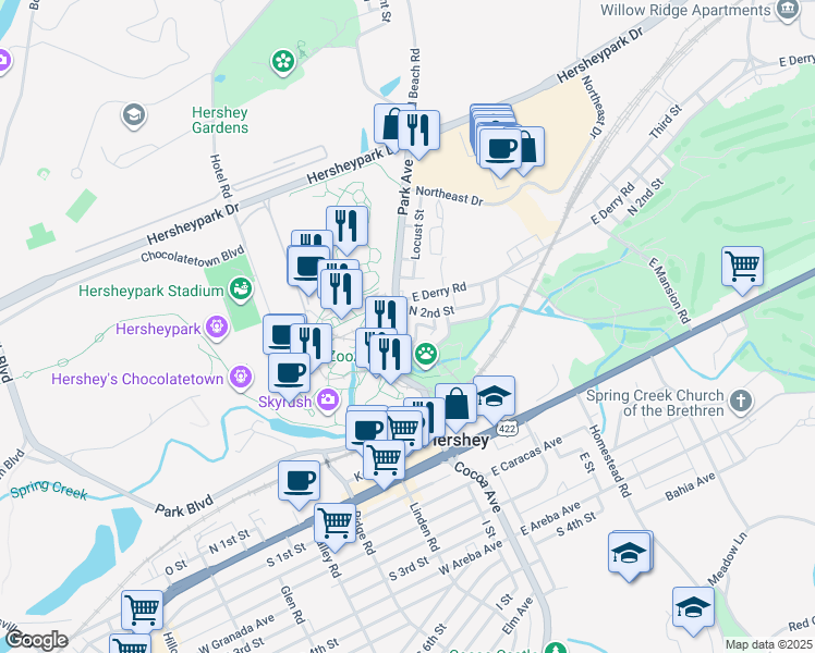 map of restaurants, bars, coffee shops, grocery stores, and more near 30 East Derry Road in Hershey