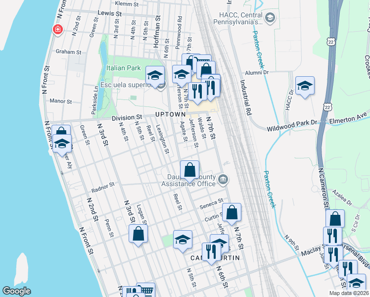 map of restaurants, bars, coffee shops, grocery stores, and more near 2661 North 6th Street in Harrisburg