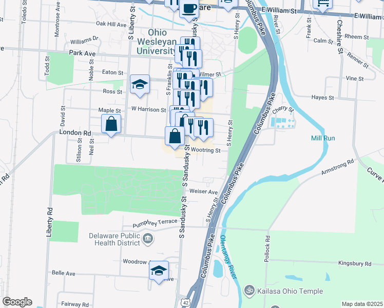 map of restaurants, bars, coffee shops, grocery stores, and more near 279 South Sandusky Street in Delaware