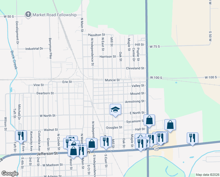 map of restaurants, bars, coffee shops, grocery stores, and more near 536 Mill Street in Tipton