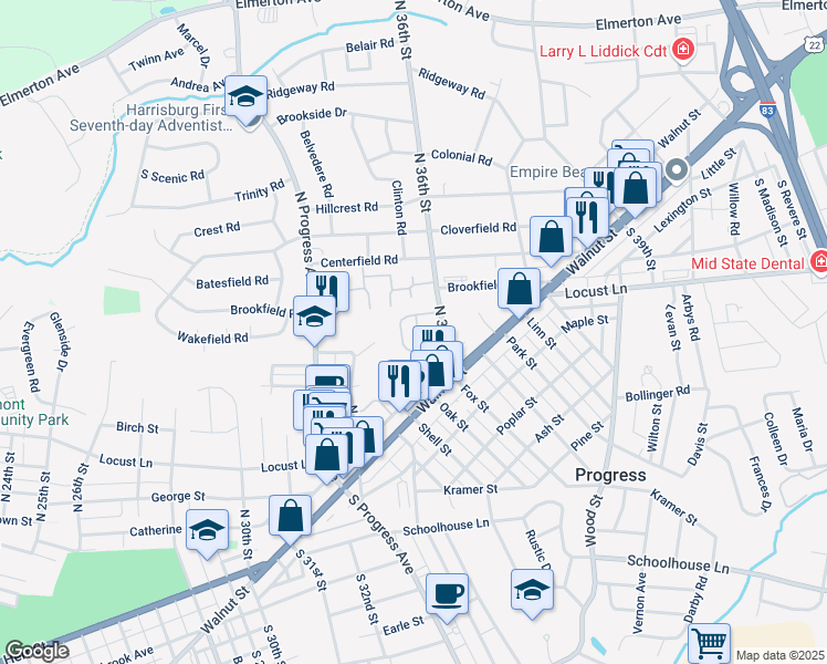 map of restaurants, bars, coffee shops, grocery stores, and more near 12 Arrow Road in Harrisburg
